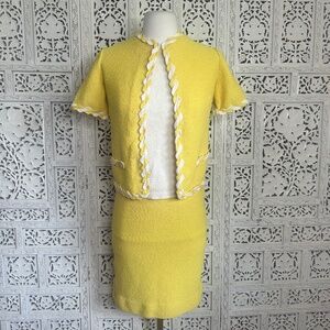 Vintage Ivory & Yellow Irish Linen & Wool Blend Mod Skirt & Cardigan Set Sz XS